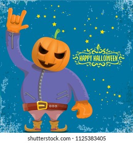 vector Happy halloween creative hipster party background. man in halloween costume with carved pumpkin head and calligraphic halloween text on grunge layout. Happy halloween rock concert poster design