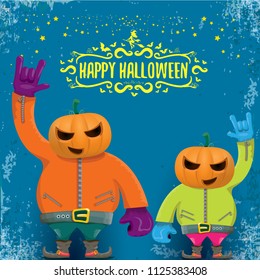 vector Happy halloween creative hipster party background. man in halloween costume with carved pumpkin head and calligraphic halloween text on grunge layout. Happy halloween rock concert poster design