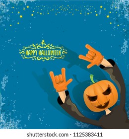 vector Happy halloween creative hipster party background. man in halloween costume with carved pumpkin head and calligraphic halloween text on grunge layout. Happy halloween rock concert poster design