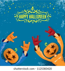vector Happy halloween creative hipster party background. man in halloween costume with carved pumpkin head and calligraphic halloween text on grunge layout. Happy halloween rock concert poster design