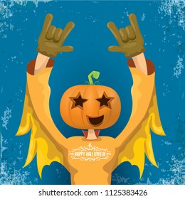 vector Happy halloween creative hipster party background. man in halloween costume with carved pumpkin head and calligraphic halloween text on grunge layout. Happy halloween rock concert poster design