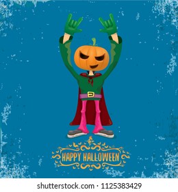 vector Happy halloween creative hipster party background. man in halloween costume with carved pumpkin head and calligraphic halloween text on grunge layout. Happy halloween rock concert poster design