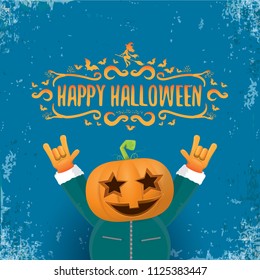 vector Happy halloween creative hipster party background. man in halloween costume with carved pumpkin head and calligraphic halloween text on grunge layout. Happy halloween rock concert poster design