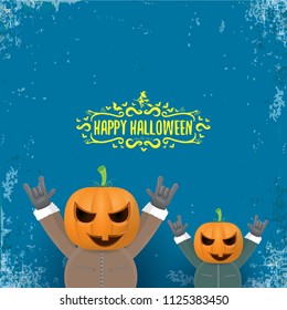 vector Happy halloween creative hipster party background. man in halloween costume with carved pumpkin head and calligraphic halloween text on grunge layout. Happy halloween rock concert poster design