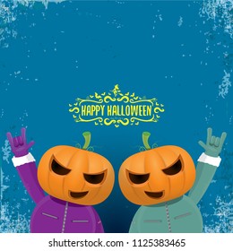 vector Happy halloween creative hipster party background. man in halloween costume with carved pumpkin head and calligraphic halloween text on grunge layout. Happy halloween rock concert poster design