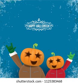 vector Happy halloween creative hipster party background. man in halloween costume with carved pumpkin head and calligraphic halloween text on grunge layout. Happy halloween rock concert poster design