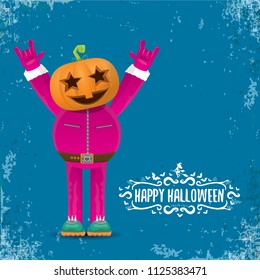 vector Happy halloween creative hipster party background. man in halloween costume with carved pumpkin head and calligraphic halloween text on grunge layout. Happy halloween rock concert poster design