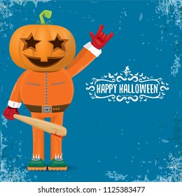 vector Happy halloween creative hipster party background. man in halloween costume with carved pumpkin head and calligraphic halloween text on grunge layout. Happy halloween rock concert poster design