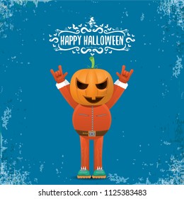 vector Happy halloween creative hipster party background. man in halloween costume with carved pumpkin head and calligraphic halloween text on grunge layout. Happy halloween rock concert poster design