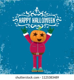 vector Happy halloween creative hipster party background. man in halloween costume with carved pumpkin head and calligraphic halloween text on grunge layout. Happy halloween rock concert poster design