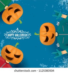 vector Happy halloween creative hipster party background. man in halloween costume with carved pumpkin head and calligraphic halloween text on grunge layout. Happy halloween rock concert poster design