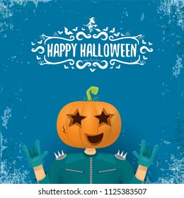 vector Happy halloween creative hipster party background. man in halloween costume with carved pumpkin head and calligraphic halloween text on grunge layout. Happy halloween rock concert poster design