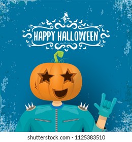 vector Happy halloween creative hipster party background. man in halloween costume with carved pumpkin head and calligraphic halloween text on grunge layout. Happy halloween rock concert poster design