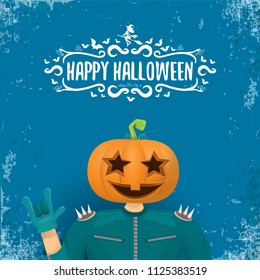 vector Happy halloween creative hipster party background. man in halloween costume with carved pumpkin head and calligraphic halloween text on grunge layout. Happy halloween rock concert poster design