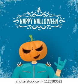 vector Happy halloween creative hipster party background. man in halloween costume with carved pumpkin head and calligraphic halloween text on grunge layout. Happy halloween rock concert poster design