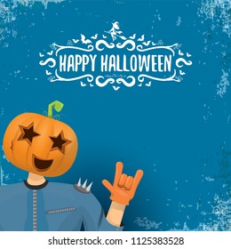 vector Happy halloween creative hipster party background. man in halloween costume with carved pumpkin head and calligraphic halloween text on grunge layout. Happy halloween rock concert poster design