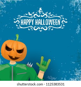 vector Happy halloween creative hipster party background. man in halloween costume with carved pumpkin head and calligraphic halloween text on grunge layout. Happy halloween rock concert poster design