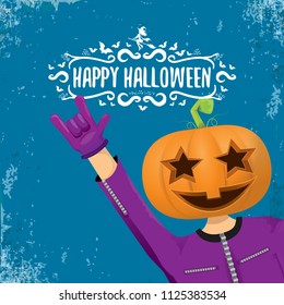 vector Happy halloween creative hipster party background. man in halloween costume with carved pumpkin head and calligraphic halloween text on grunge layout. Happy halloween rock concert poster design