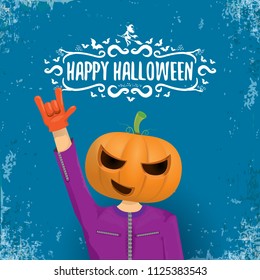 vector Happy halloween creative hipster party background. man in halloween costume with carved pumpkin head and calligraphic halloween text on grunge layout. Happy halloween rock concert poster design