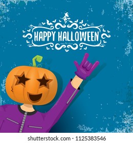 vector Happy halloween creative hipster party background. man in halloween costume with carved pumpkin head and calligraphic halloween text on grunge layout. Happy halloween rock concert poster design