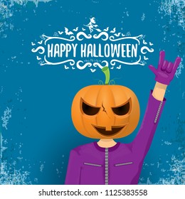 vector Happy halloween creative hipster party background. man in halloween costume with carved pumpkin head and calligraphic halloween text on grunge layout. Happy halloween rock concert poster design