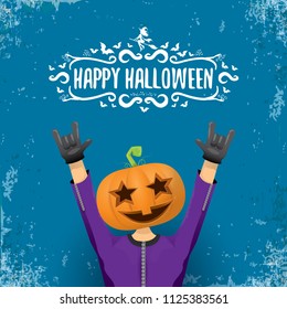 vector Happy halloween creative hipster party background. man in halloween costume with carved pumpkin head and calligraphic halloween text on grunge layout. Happy halloween rock concert poster design