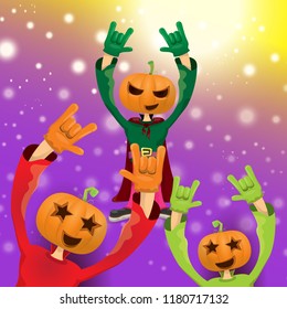 vector Happy halloween creative hipster party background. man in halloween costume with carved pumpkin head  on violet layout with blur and lights. Happy halloween rock concert poster design