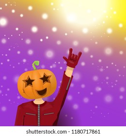 vector Happy halloween creative hipster party background. man in halloween costume with carved pumpkin head  on violet layout with blur and lights. Happy halloween rock concert poster design