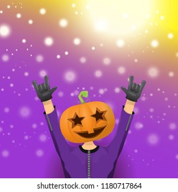 vector Happy halloween creative hipster party background. man in halloween costume with carved pumpkin head  on violet layout with blur and lights. Happy halloween rock concert poster design