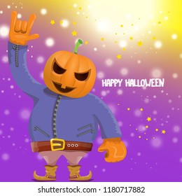 vector Happy halloween creative hipster party background. man in halloween costume with carved pumpkin head  on violet layout with blur and lights. Happy halloween rock concert poster design