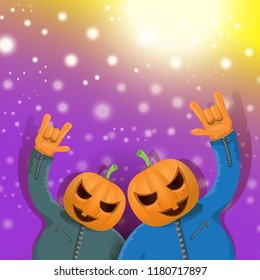 vector Happy halloween creative hipster party background. man in halloween costume with carved pumpkin head  on violet layout with blur and lights. Happy halloween rock concert poster design
