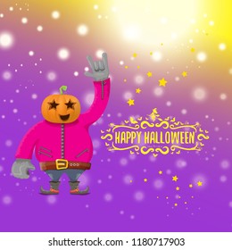 vector Happy halloween creative hipster party background. man in halloween costume with carved pumpkin head  on violet layout with blur and lights. Happy halloween rock concert poster design