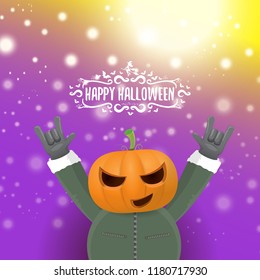 vector Happy halloween creative hipster party background. man in halloween costume with carved pumpkin head  on violet layout with blur and lights. Happy halloween rock concert poster design