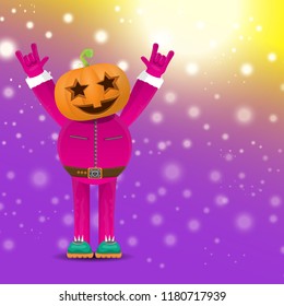 vector Happy halloween creative hipster party background. man in halloween costume with carved pumpkin head  on violet layout with blur and lights. Happy halloween rock concert poster design