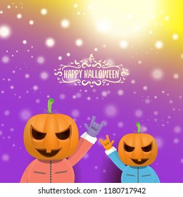 vector Happy halloween creative hipster party background. man in halloween costume with carved pumpkin head  on violet layout with blur and lights. Happy halloween rock concert poster design