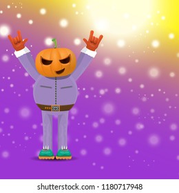 vector Happy halloween creative hipster party background. man in halloween costume with carved pumpkin head  on violet layout with blur and lights. Happy halloween rock concert poster design