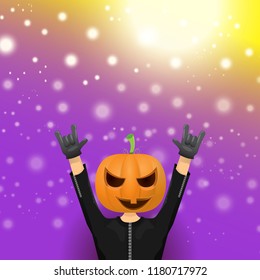 vector Happy halloween creative hipster party background. man in halloween costume with carved pumpkin head  on violet layout with blur and lights. Happy halloween rock concert poster design