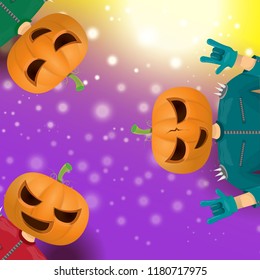 vector Happy halloween creative hipster party background. man in halloween costume with carved pumpkin head  on violet layout with blur and lights. Happy halloween rock concert poster design