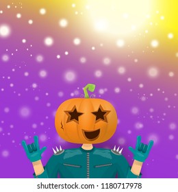 vector Happy halloween creative hipster party background. man in halloween costume with carved pumpkin head  on violet layout with blur and lights. Happy halloween rock concert poster design