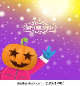 vector Happy halloween creative hipster party background. man in halloween costume with carved pumpkin head  on violet layout with blur and lights. Happy halloween rock concert poster design