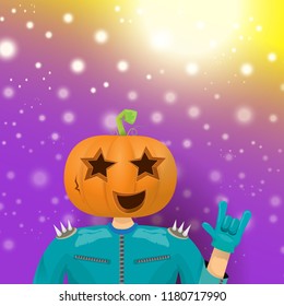 vector Happy halloween creative hipster party background. man in halloween costume with carved pumpkin head  on violet layout with blur and lights. Happy halloween rock concert poster design