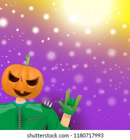 vector Happy halloween creative hipster party background. man in halloween costume with carved pumpkin head  on violet layout with blur and lights. Happy halloween rock concert poster design