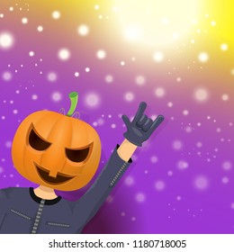 vector Happy halloween creative hipster party background. man in halloween costume with carved pumpkin head  on violet layout with blur and lights. Happy halloween rock concert poster design
