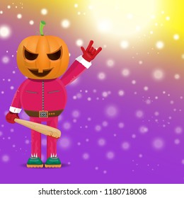 vector Happy halloween creative hipster party background. man in halloween costume with carved pumpkin head  on violet layout with blur and lights. Happy halloween rock concert poster design