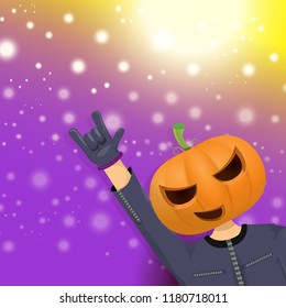vector Happy halloween creative hipster party background. man in halloween costume with carved pumpkin head  on violet layout with blur and lights. Happy halloween rock concert poster design