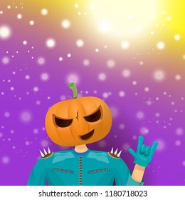 vector Happy halloween creative hipster party background. man in halloween costume with carved pumpkin head  on violet layout with blur and lights. Happy halloween rock concert poster design