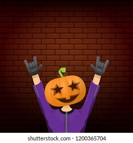 vector Happy halloween creative hipster party background. man in halloween costume with carved pumpkin head on brick wall background. Happy halloween rock concert poster design