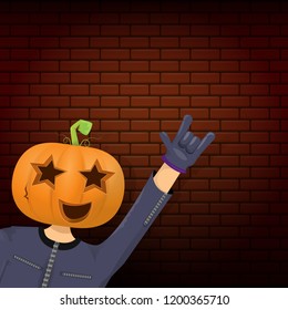 vector Happy halloween creative hipster party background. man in halloween costume with carved pumpkin head on brick wall background. Happy halloween rock concert poster design