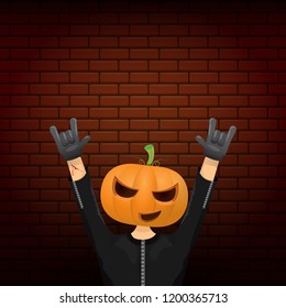 vector Happy halloween creative hipster party background. man in halloween costume with carved pumpkin head on brick wall background. Happy halloween rock concert poster design