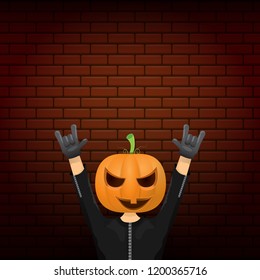 vector Happy halloween creative hipster party background. man in halloween costume with carved pumpkin head on brick wall background. Happy halloween rock concert poster design